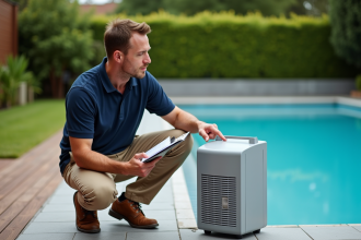 Homme d'âge moyen pointant un chauffe-eau de piscine extérieur