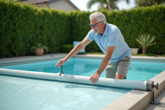 Homme d'âge moyen tirant une couverture de piscine moderne