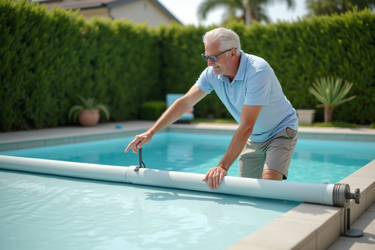Homme d'âge moyen tirant une couverture de piscine moderne