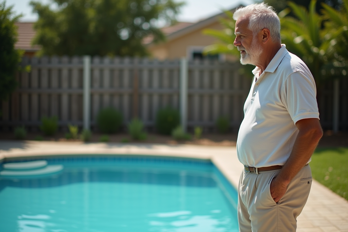 Homme d'âge moyen près d'une piscine en été