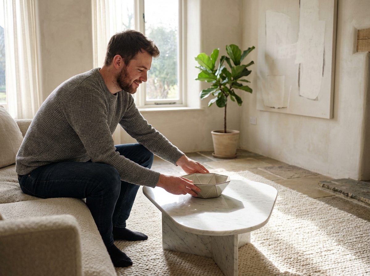 Homme posant un bol en céramique sur une table en marbre