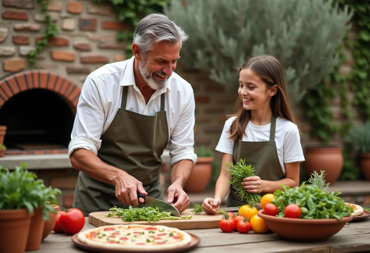 Homme coupant des légumes avec une adolescente dans le jardin