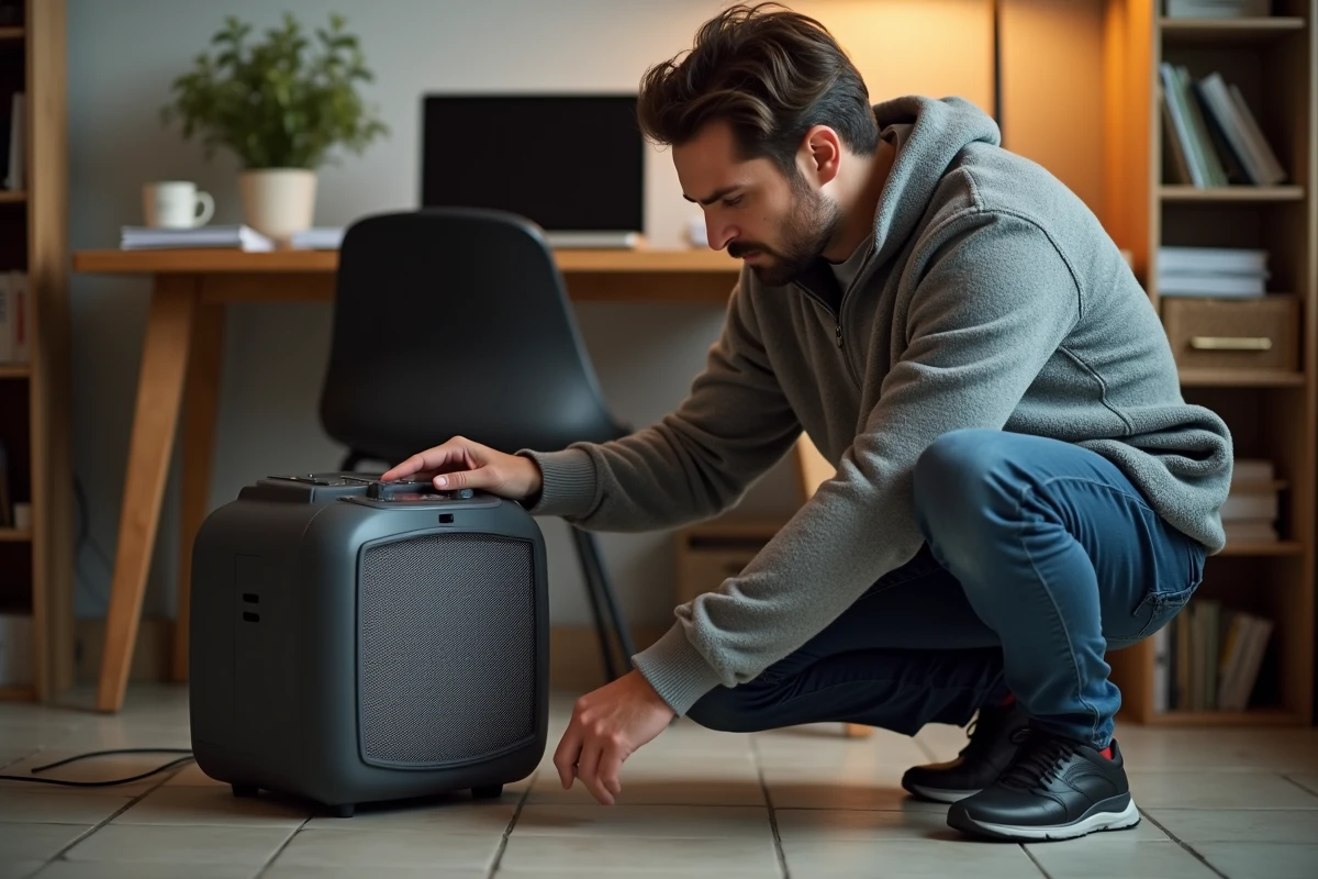 Homme réglant un chauffage d'appoint électrique portable dans un bureau à domicile