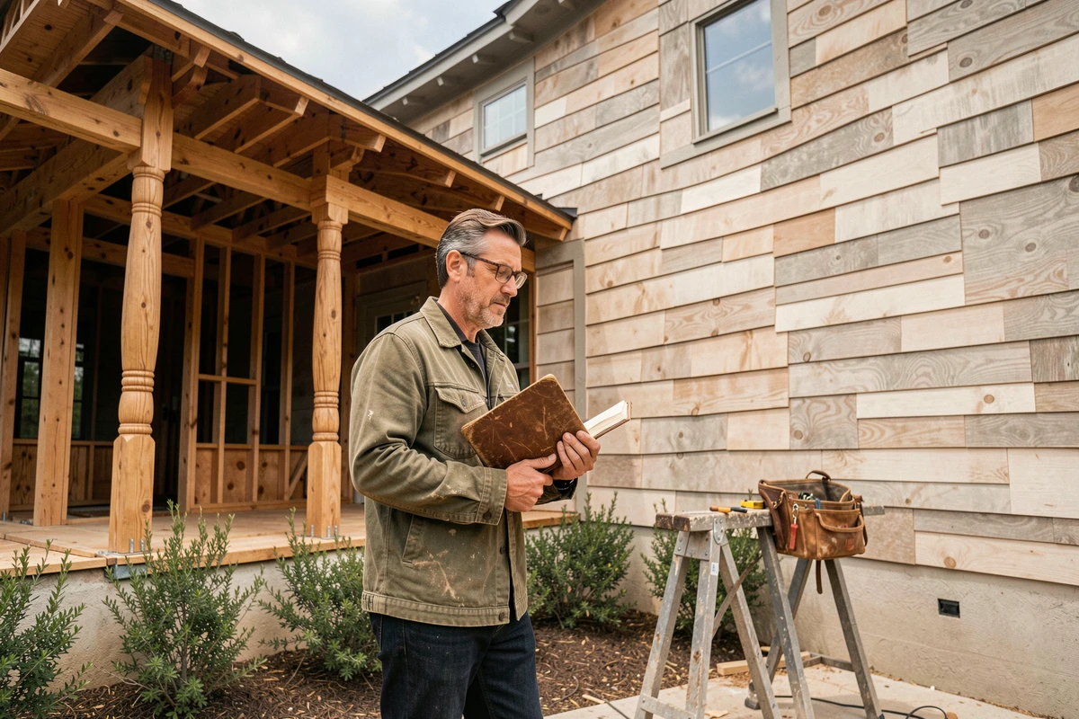 Homme inspectant la façade en shiplap d'une maison en cours de rénovation de style artisanal avec un carnet de notes en cuir usé