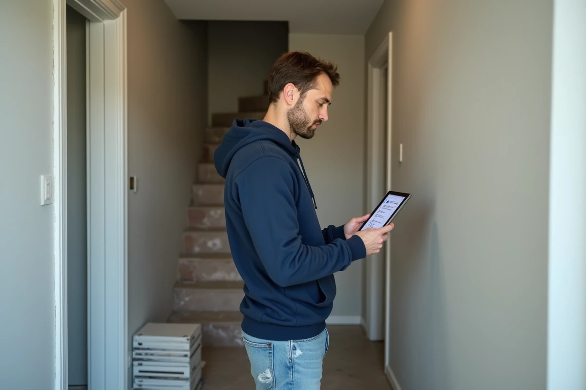 Homme consultant une application de suivi de chantier sur tablette dans un couloir en cours de rénovation