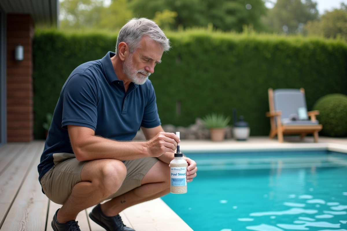 Homme mesurant les produits pour la piscine dans le jardin
