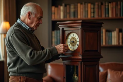 Homme âgé inspectant une horloge ancienne en bois