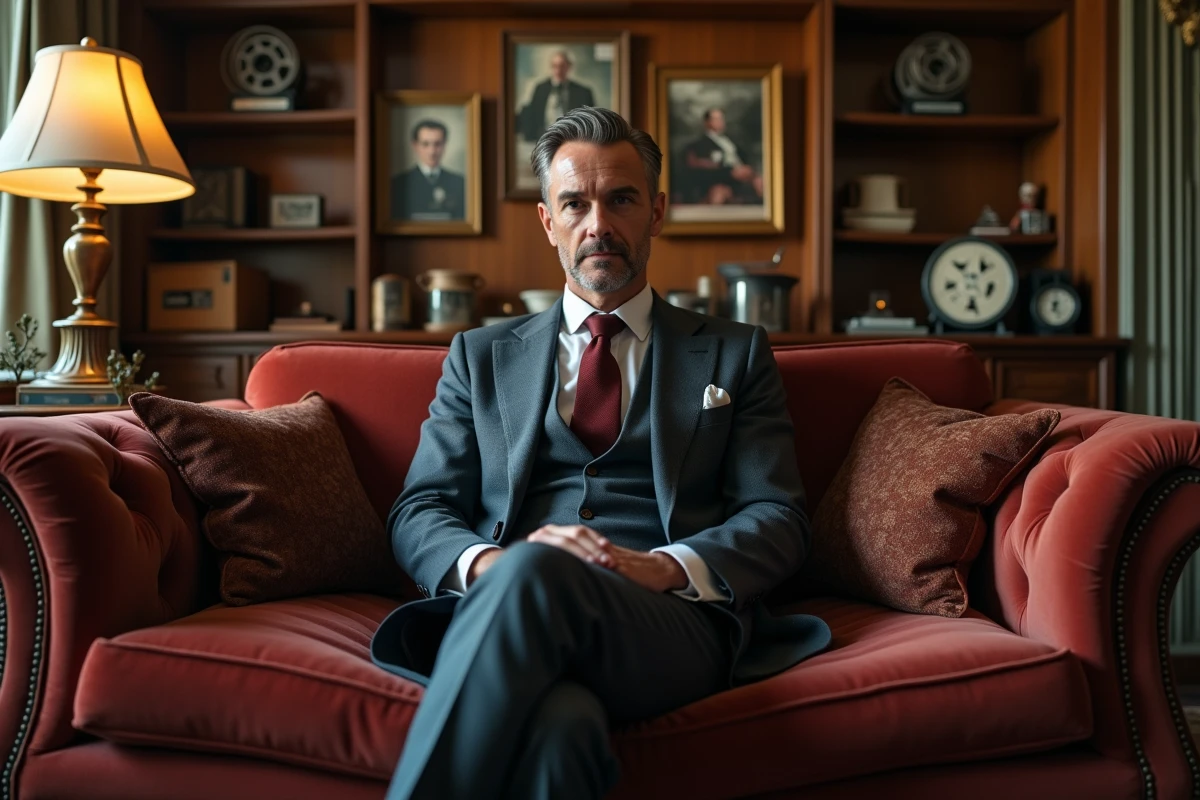 Homme en costume vintage assis sur un sofa en velours dans un décor cinéma