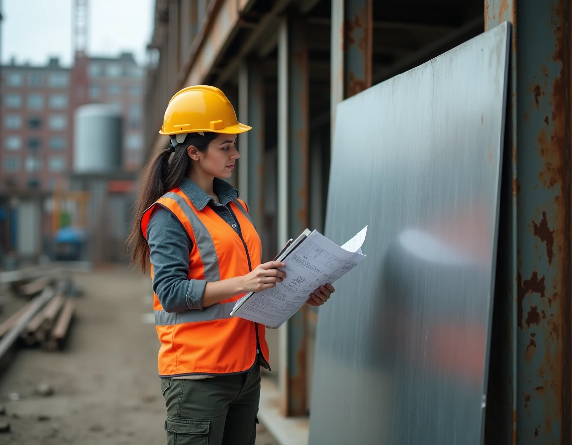 Ingénieure sur chantier tenant une plaque d'acier galvanisé devant une structure métallique en construction avec des plans