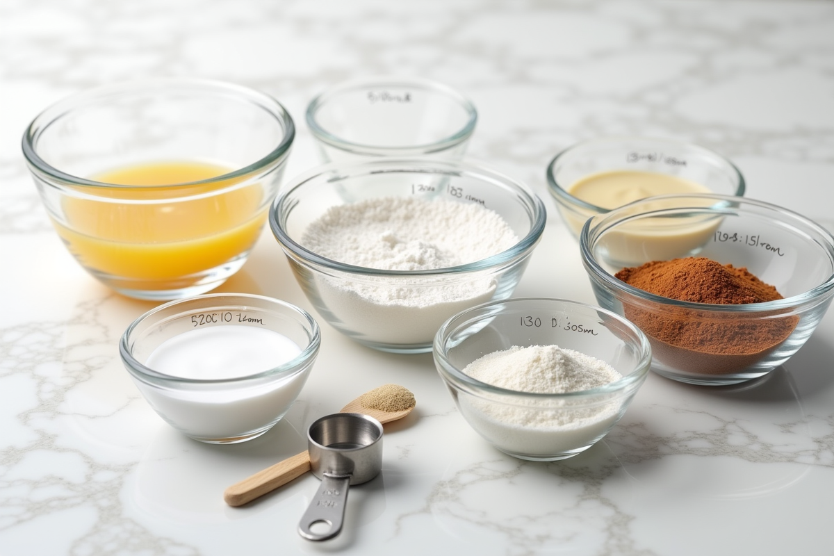Ingrédients de pâtisserie en petits bols avec notes manuscrites