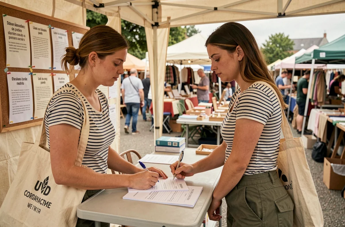 Jeune femme s'inscrivant comme exposante au vide-grenier d'Annecy à un bureau d'inscription en plein air