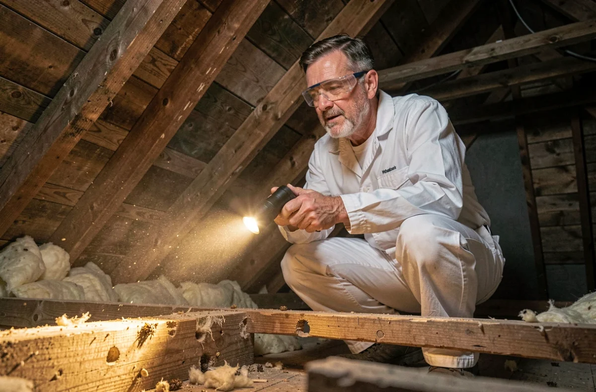 Expert en traitement du bois inspectant des poutres de charpente attaquées par le capricorne des maisons dans un grenier