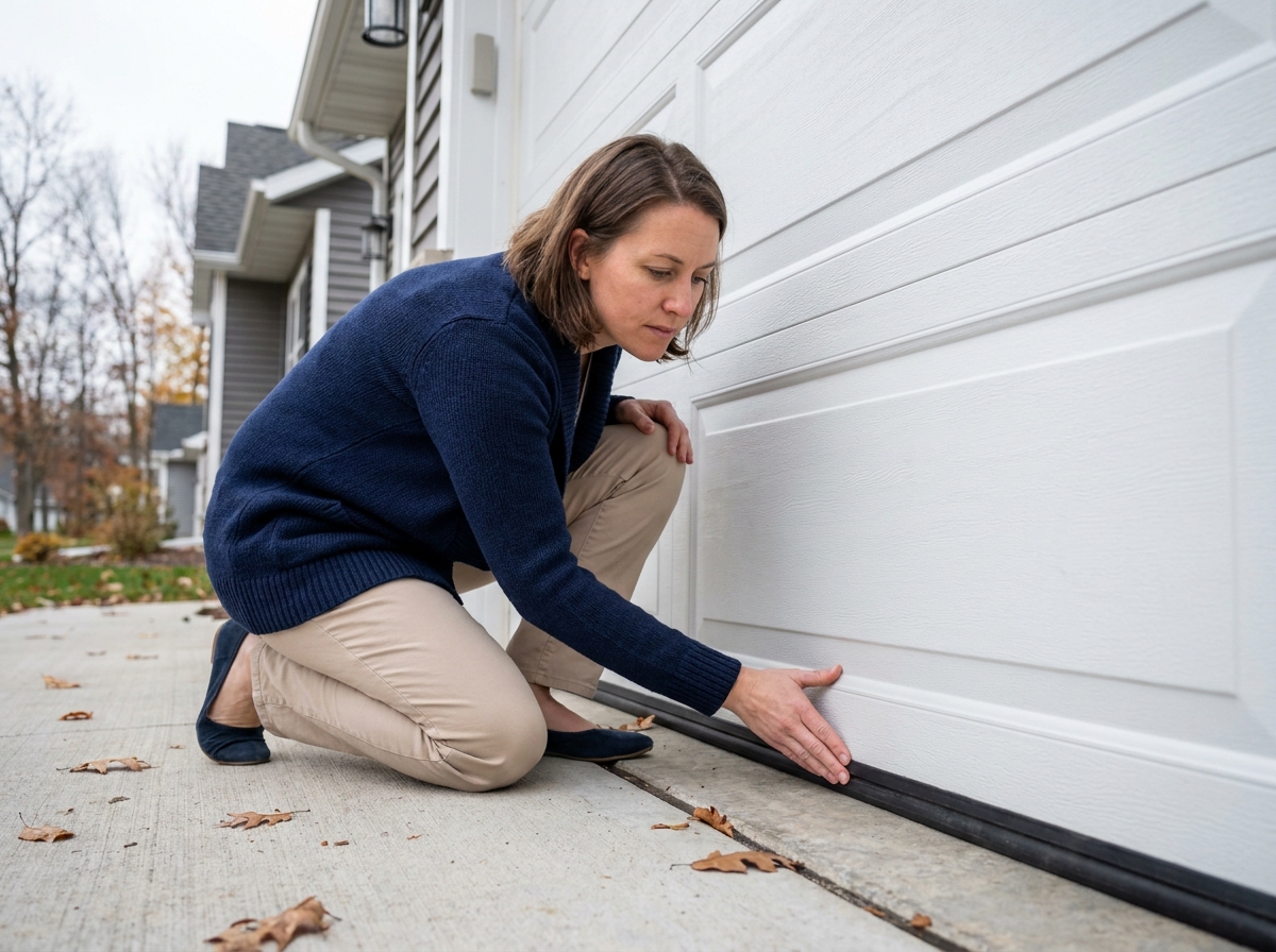 Femme inspectant le joint d'étanchéité d'une porte de garage automatique blanche sur une maison contemporaine