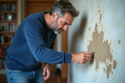 Homme inspectant une tache d'humidite sur un mur