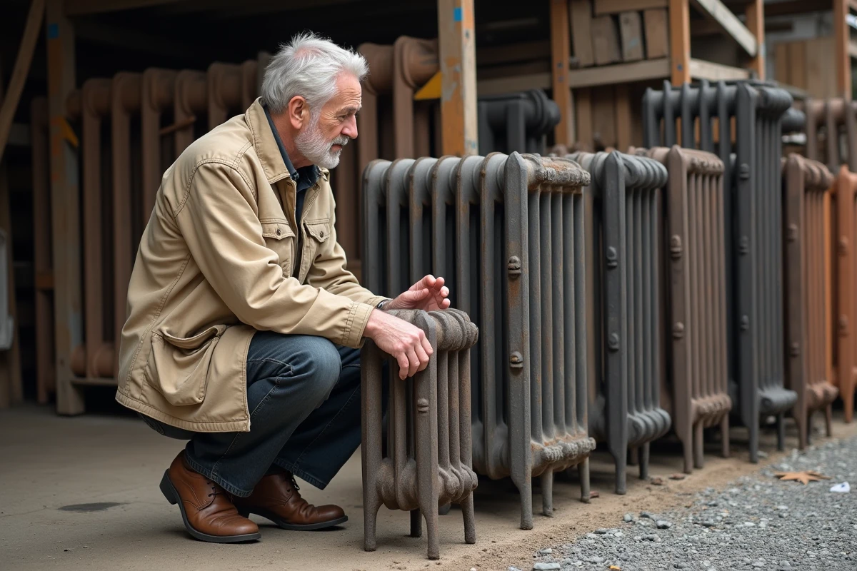 Un homme inspecte des radiateurs en fonte d'occasion dans un dépôt de matériaux anciens avec différents modèles alignés sur du gravier