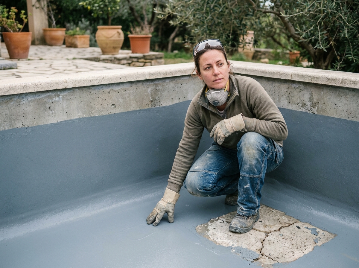 Femme inspectant une surface de piscine après application d'une résine d'étanchéité sur le fond béton fissuré