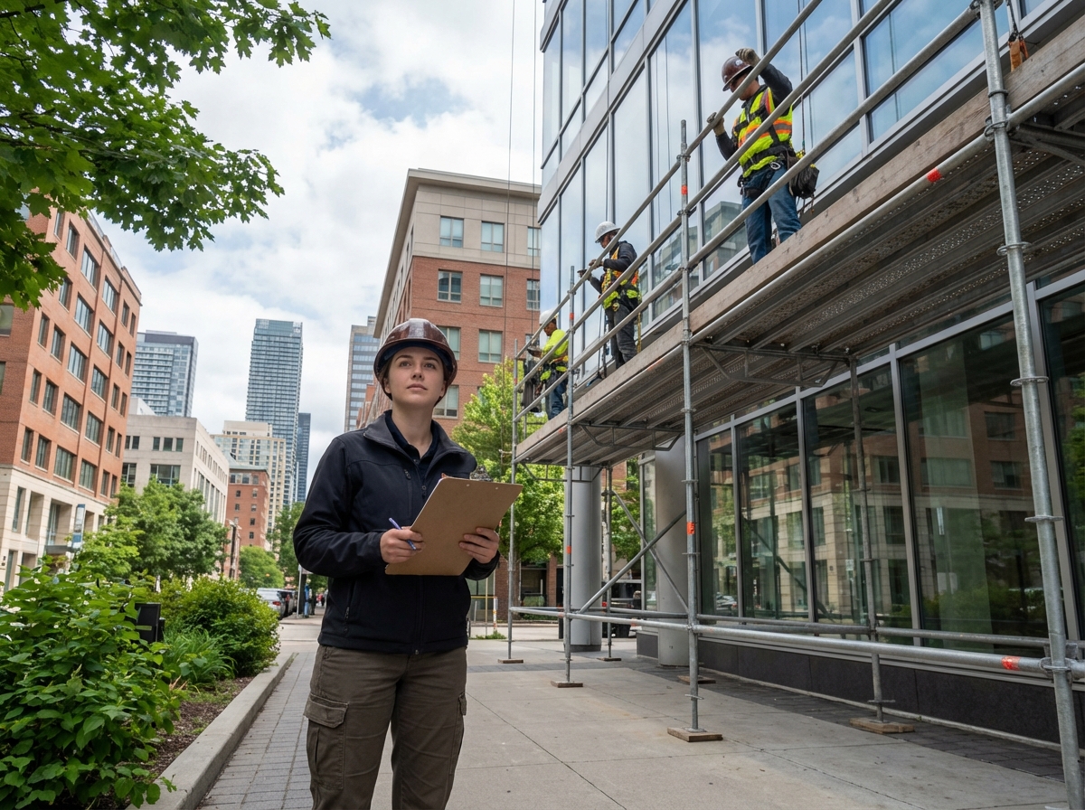Inspectrice surveillant une équipe sur un échafaudage en ville