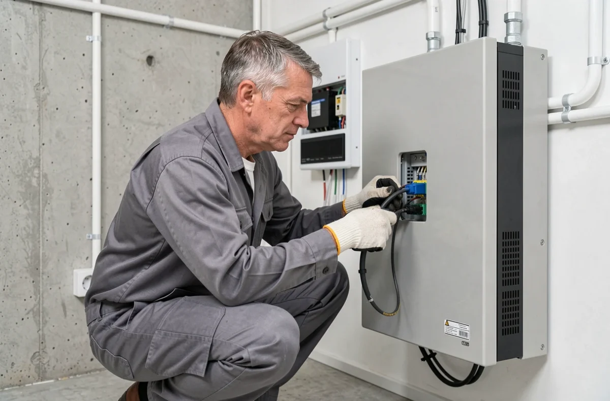 Technicien installant une batterie de stockage solaire dans une chaufferie résidentielle pour un kit 9000W