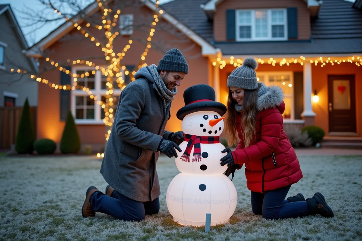 Couple installant des décorations de Noël gonflables géantes dans le jardin avant de leur maison en hiver