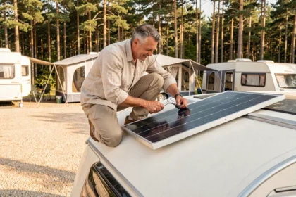 Homme installant un panneau solaire monocristallin sur le toit d'une caravane blanche dans un camping entouré de pins