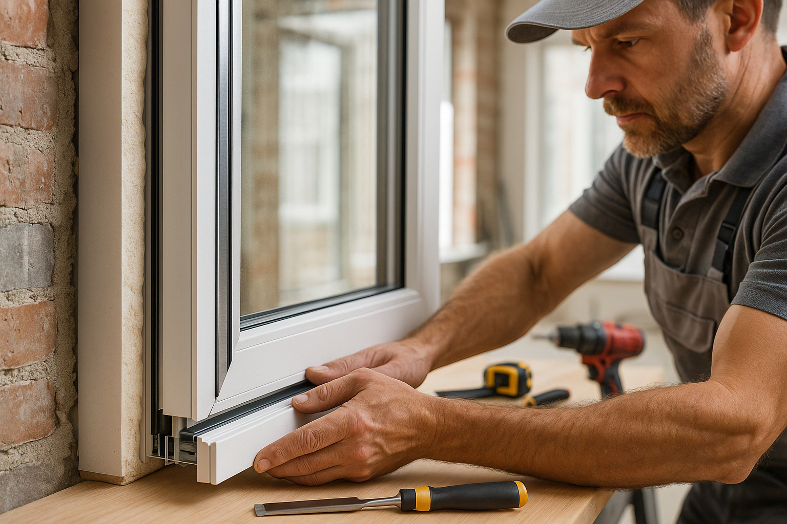 Artisan installant des portes et fenêtres isolantes de haute performance