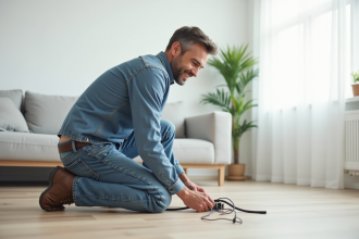 Homme moyen âge installe une prise électrique dans un salon