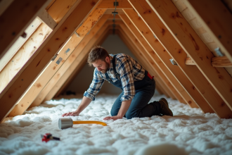 Hommes en combinaisons isolant une charpente en attique