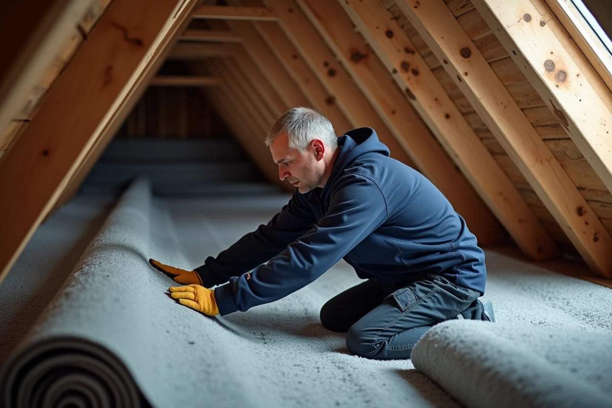 Ouvrier en action posant isolant triso noir dans un grenier