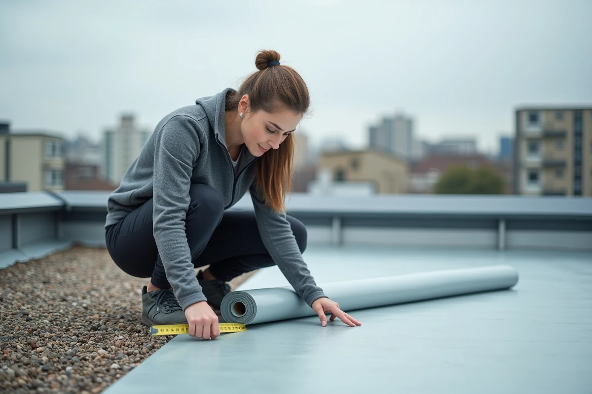 Professionnelle inspectant un isolant acoustique écologique déployé sur une toiture terrasse urbaine