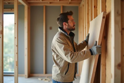 Artisan installant des panneaux d'isolation thermique en fibre de bois dans une cloison en rénovation