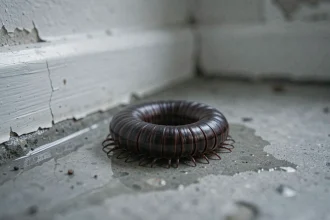 Iule maison enroulé sur un sol en béton humide près d'une plinthe intérieure après la pluie