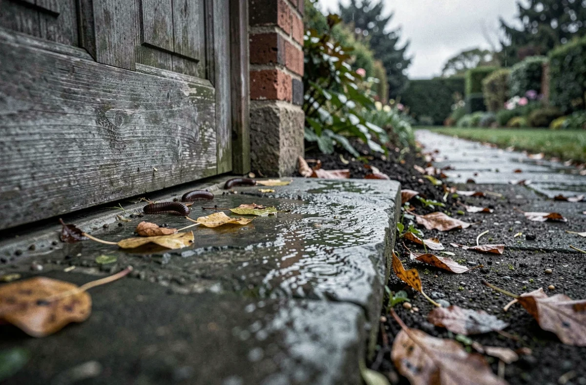 Iules rampant sous une porte d'entrée après la pluie, s'infiltrant depuis le jardin vers l'intérieur