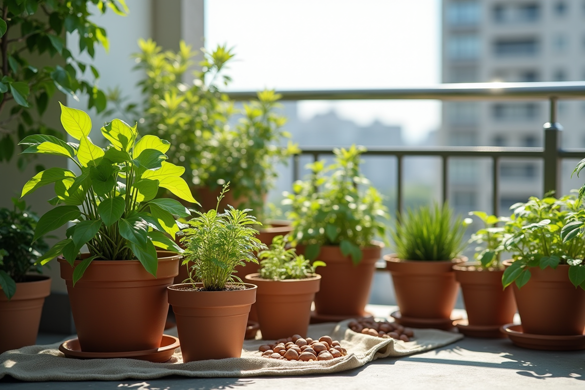 Jardin de balcon avec plantes en pot et décor urbain