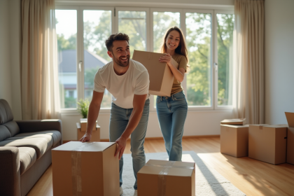 Jeune couple déballant des cartons dans un salon lumineux