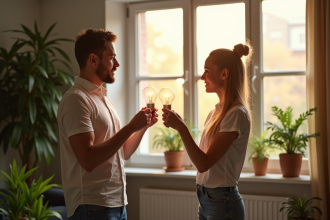 Jeune couple installant des lampes LED dans un salon lumineux
