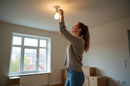 Jeune femme changeant une ampoule dans un salon vide