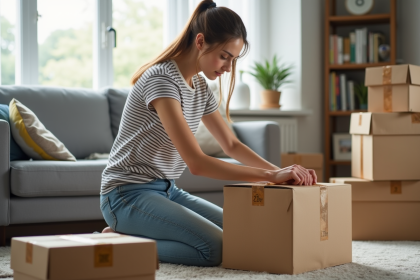 Jeune femme emballant une boxe dans un salon lumineux