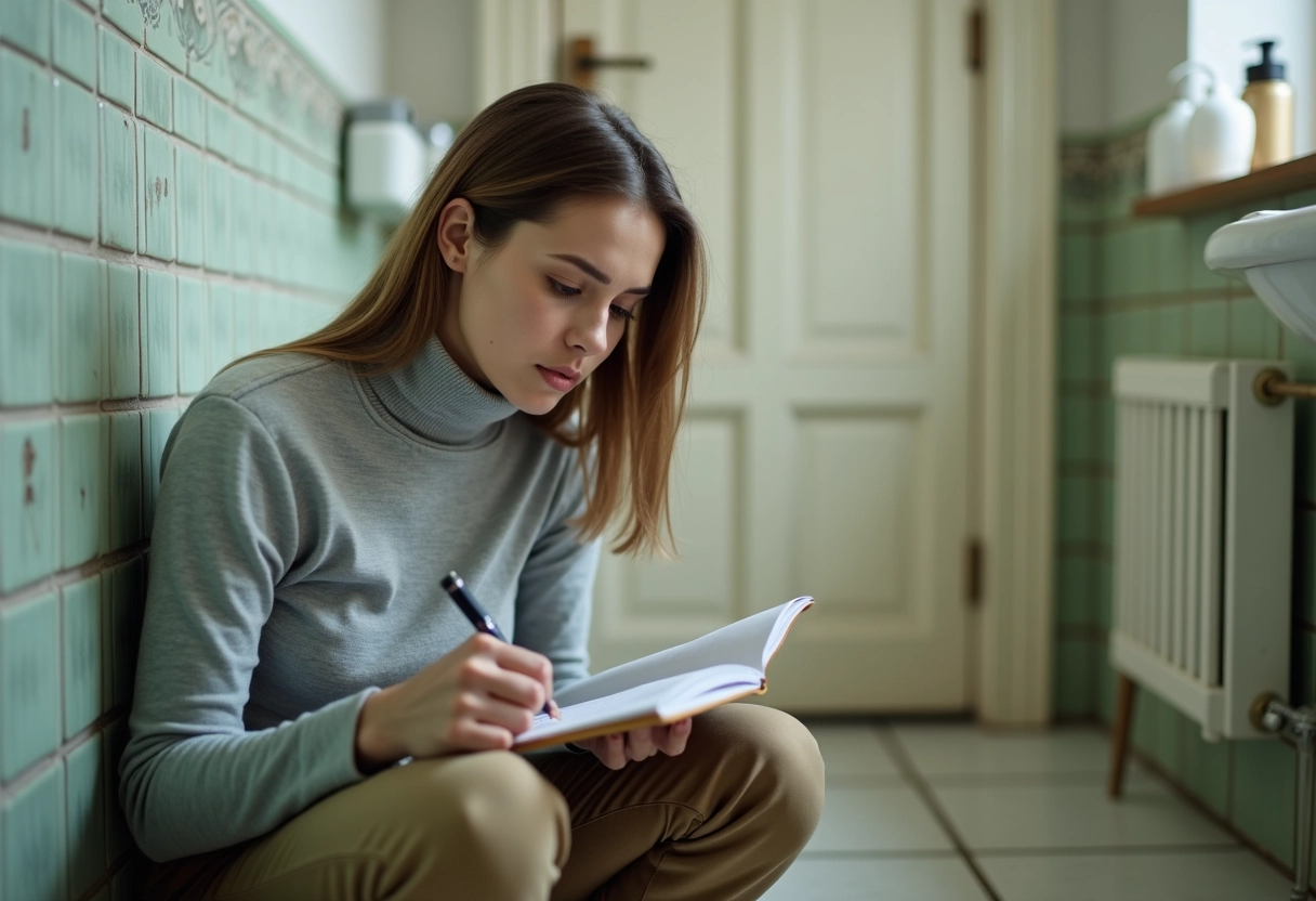 Jeune femme analysant une tache sur le mur de la salle de bain