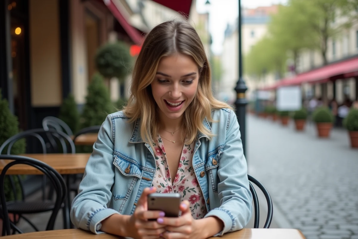 Jeune femme lisant des articles du site Gospi.fr sur son smartphone dans un café parisien