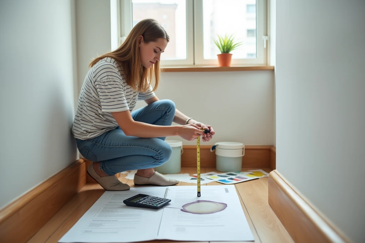 Jeune femme mesurant un mur avec un ruban à mesurer