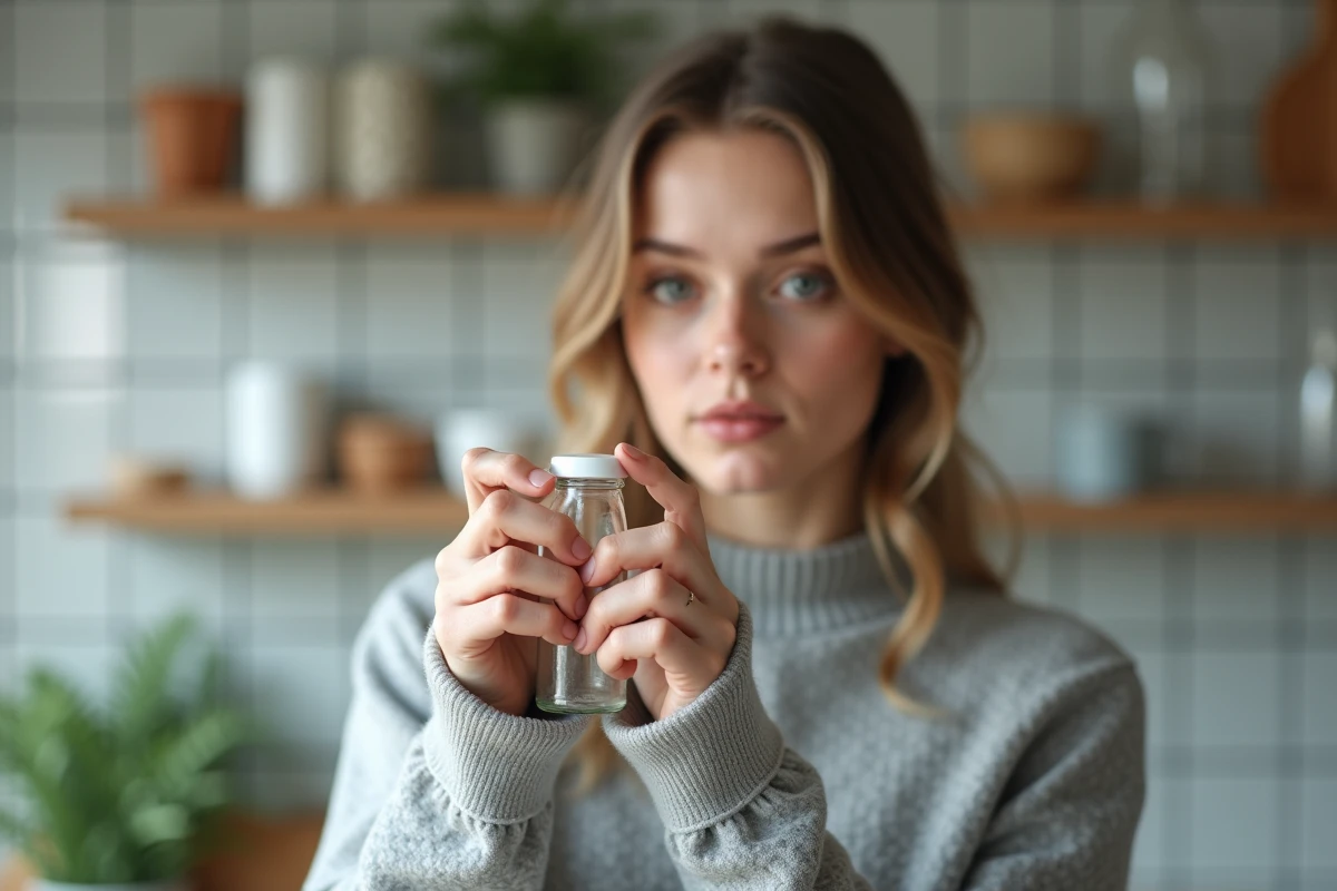 Jeune femme montrant comment ouvrir une bouteille en plastique