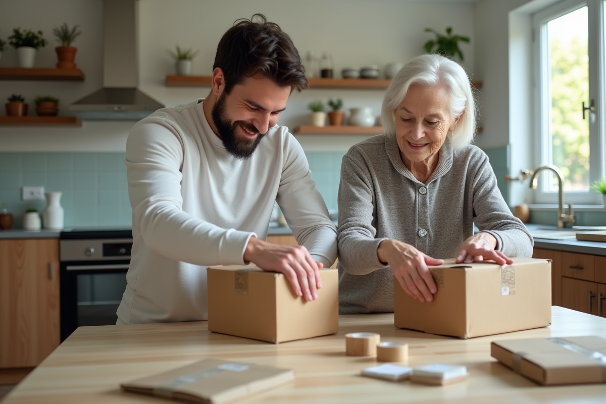 Jeune homme et femme âgée collabore à emballer des cartons