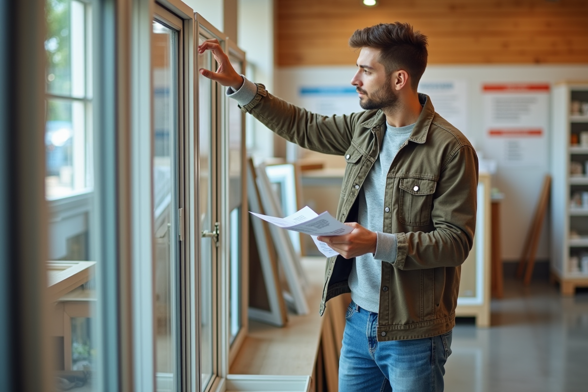 Jeune homme inspectant differents types de fenetres en magasin