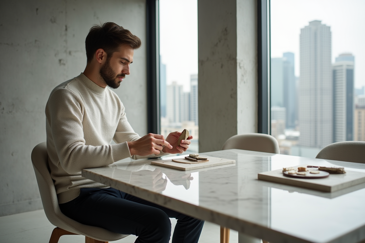 Jeune homme examine des échantillons de pierre dans un appartement moderne