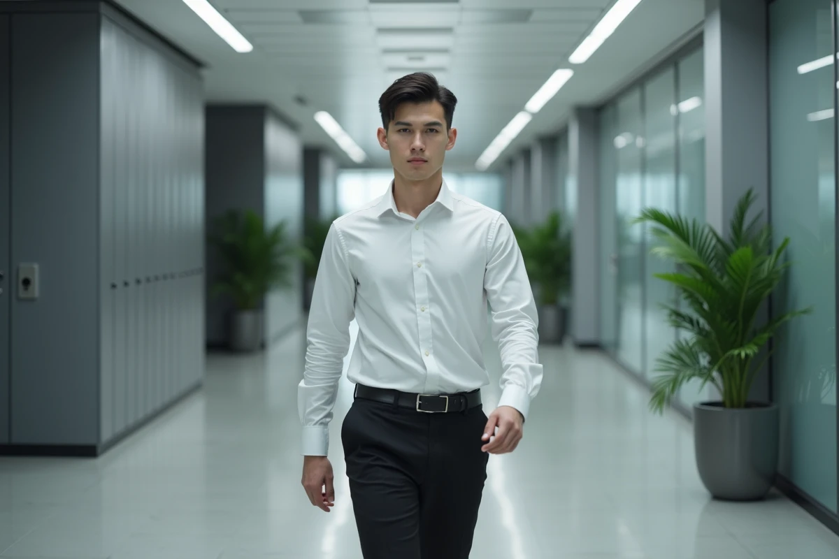 Jeune homme en tenue décontractée dans un couloir de bureau
