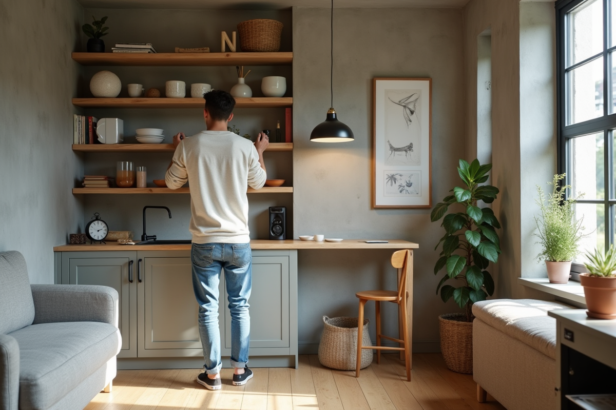 Jeune homme arrangeant des objets sur des étagères dans un sous-sol lumineux