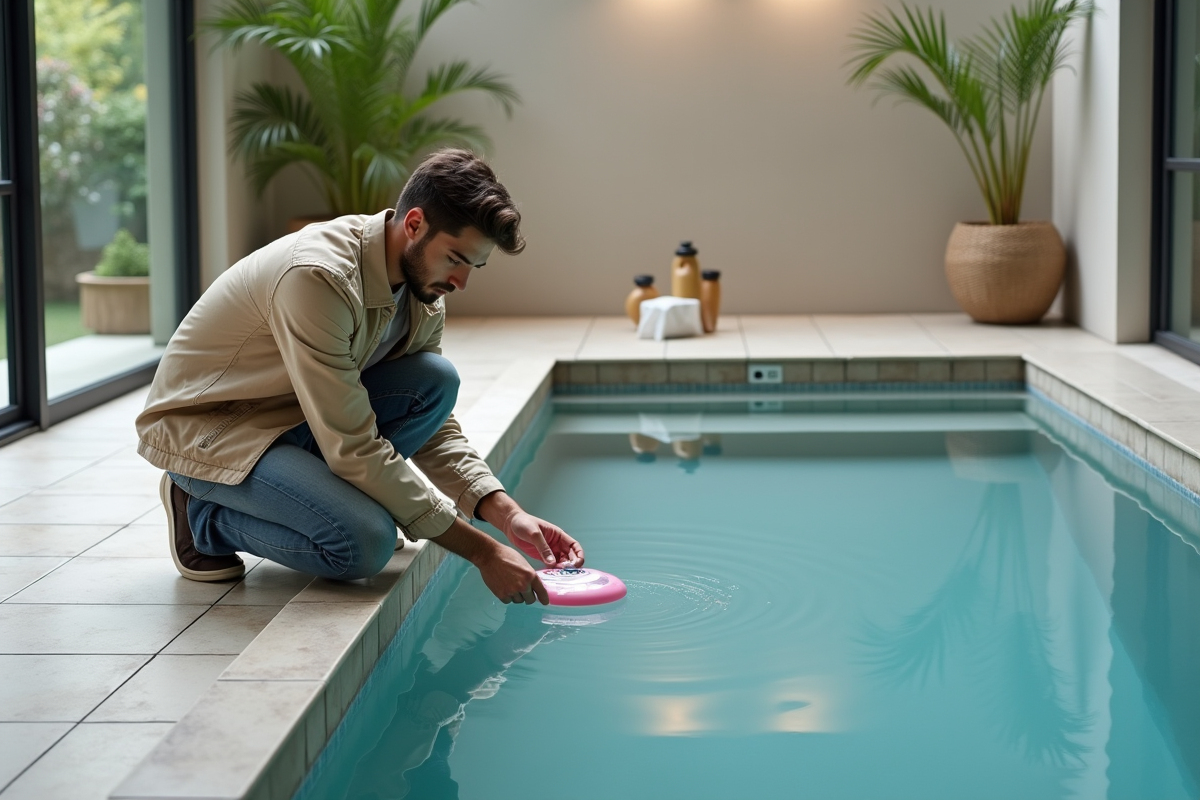 Jeune homme vérifiant un spa intérieur avec kit de test
