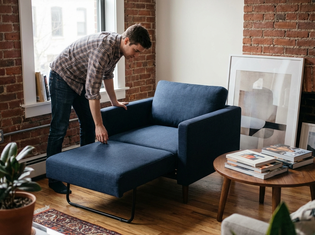 Jeune homme déployant un fauteuil convertible en lit dans un studio urbain