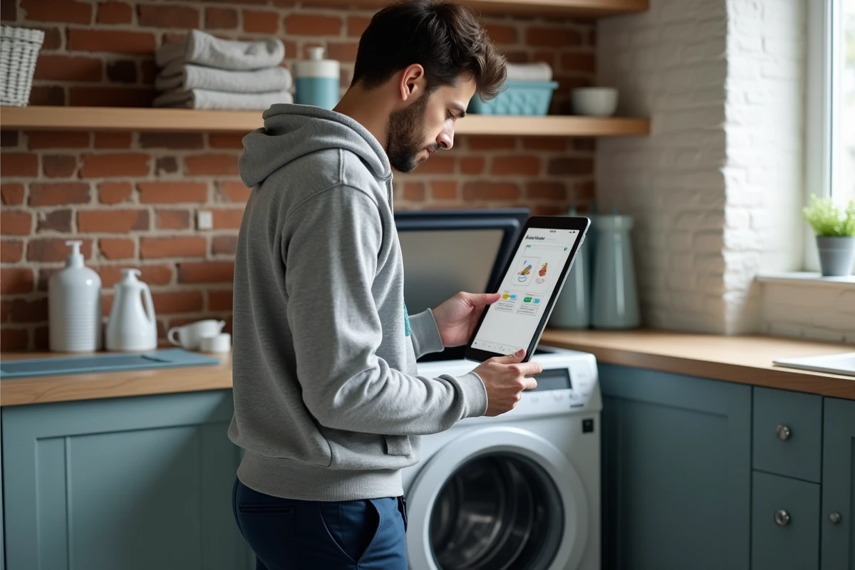 Jeune homme utilisant une tablette près du lave-linge