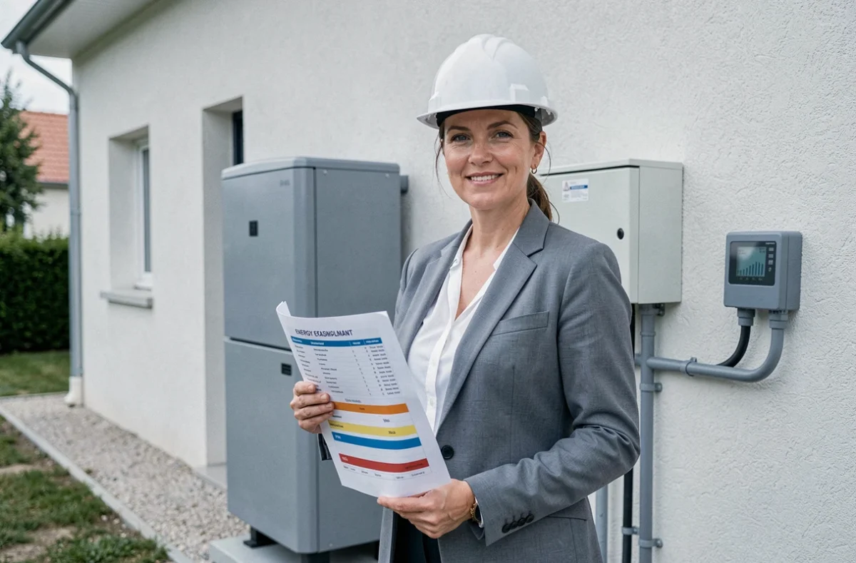 Conseillère de La Solution présentant un bilan énergétique devant une pompe à chaleur nouvellement installée sur une maison en Seine-Saint-Denis
